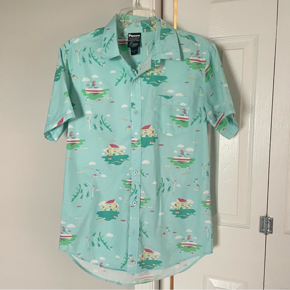 Ponyo Her Universe aqua short sleeve button up shirt size M